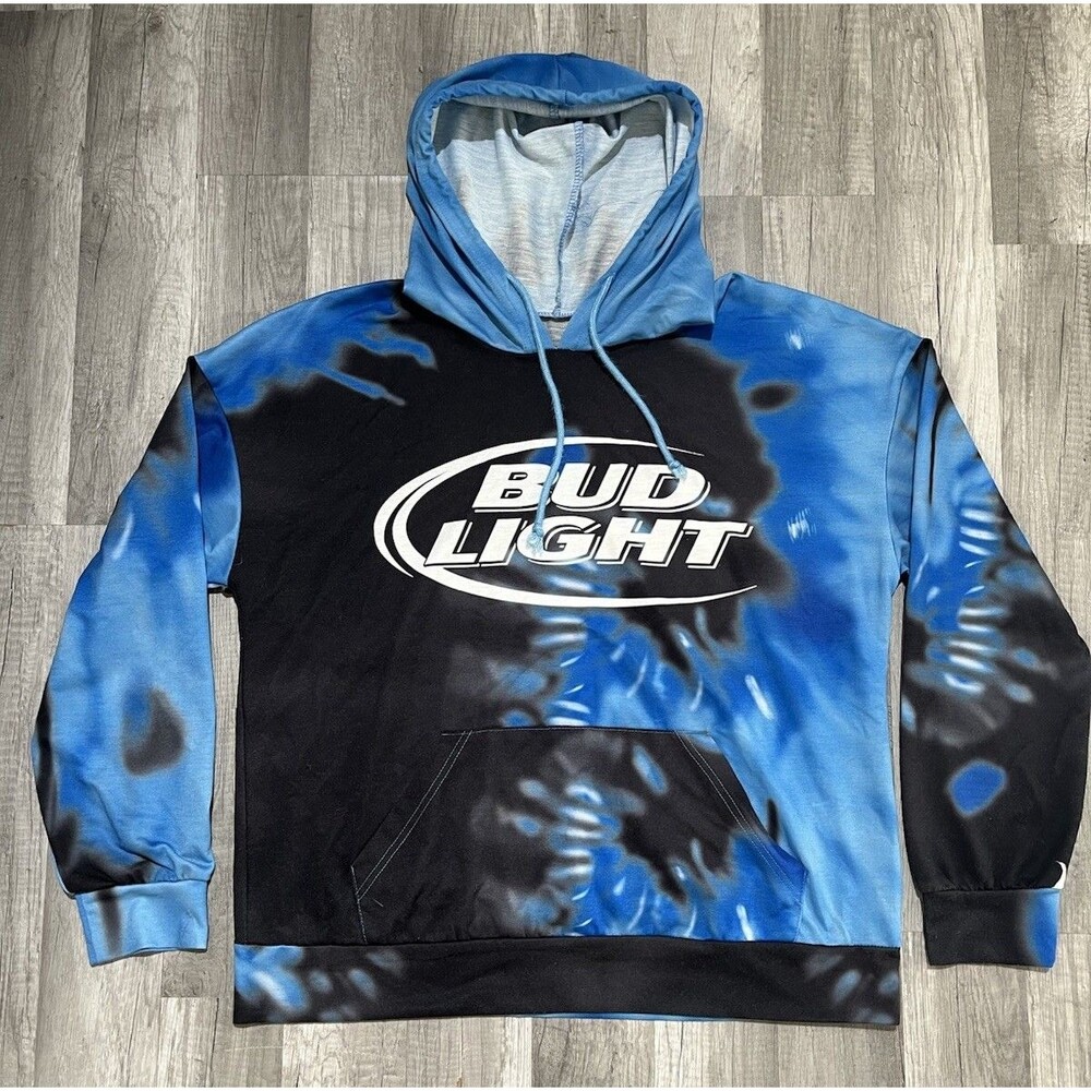 Bud Light Sweater Hoodie Black Blue Tie Dye Thin Men's Dri Fit Size XL